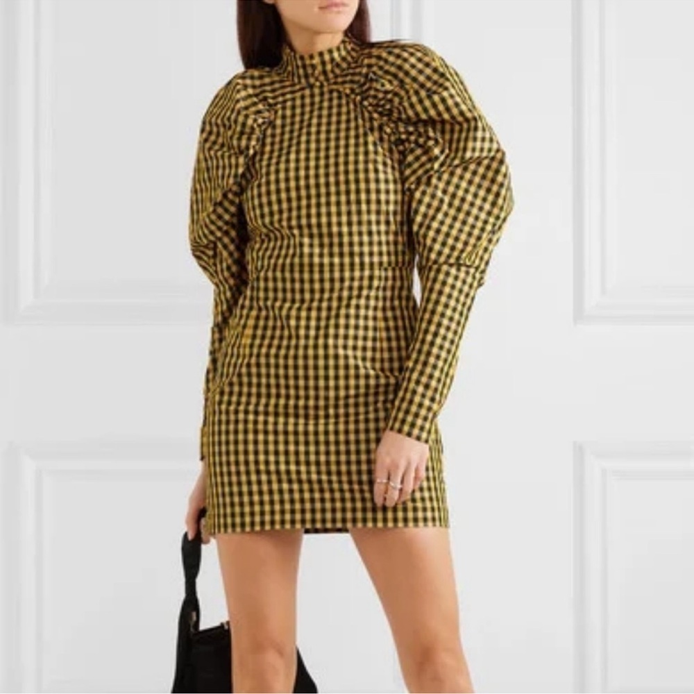 ROTATE Puff Sleeve Black and Yellow Gingham Dress Size 42